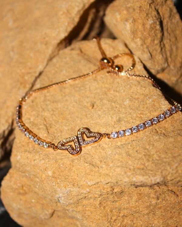 Adjustable Dual Heart Tennis Bracelet – Gold – Nuzha